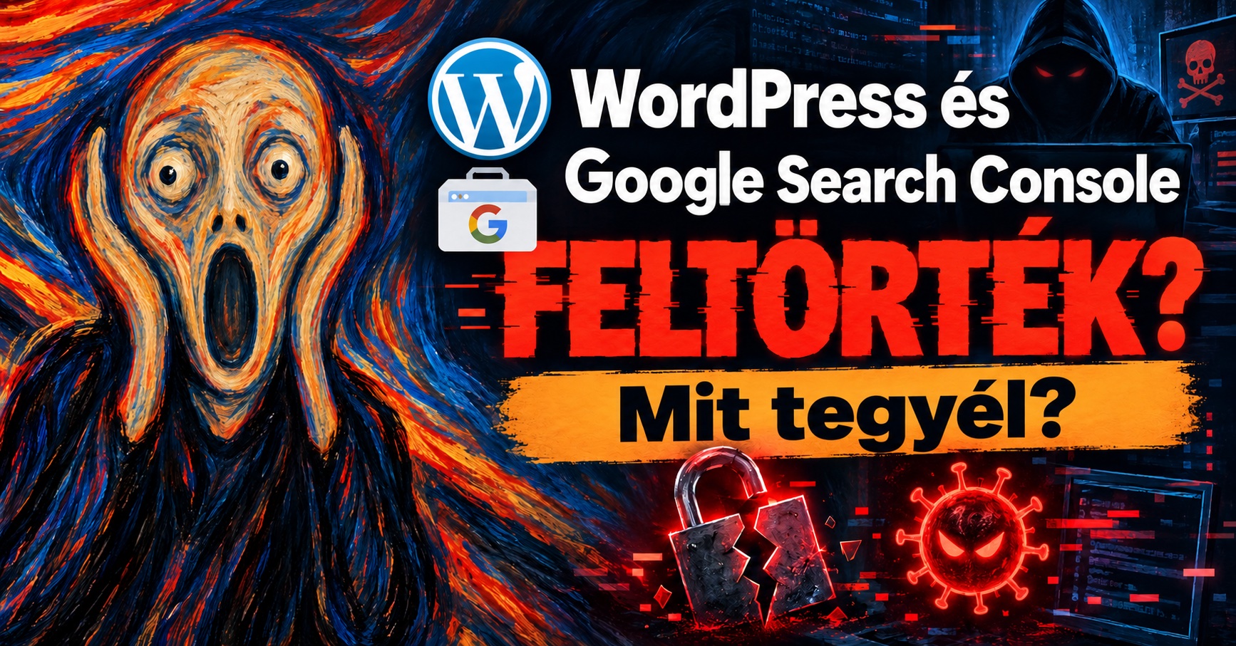 Illusztráció törött lakattal és WordPress- valamint Google Search Console-ikonnal, 'WordPress és Google Search Console feltörték? Mit tegyél?' felirattal