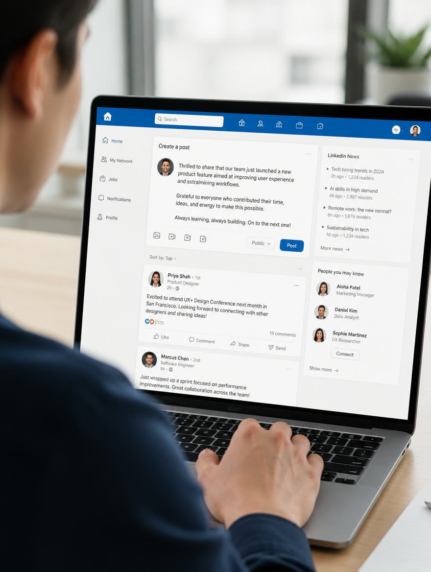 Szakmai közösségi feed a laptop képernyőjén, poszt-szerkesztővel és bejegyzésekkel